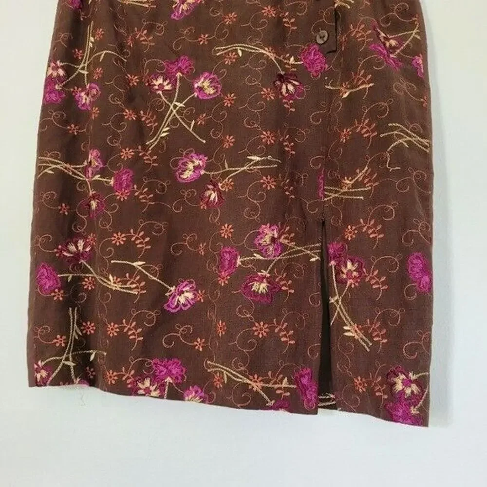 Grace Dane Lewis Womens Silk Linen Embroidered Mini Skirt Size 8 Y2K Brown Multi